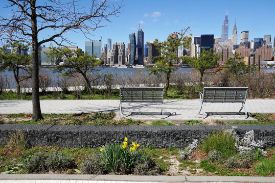Ausblick auf die Skyline von Manhattan vom Hunters Point South Waterfront Park: Die Versickerungsmulde (Bioswale) mit Gabione in der Mitte zieht sich entlang der Ostseite des Parks und speichert Regenwasser zur Entlastung der Kanalisation bei starkem Niederschlag. 