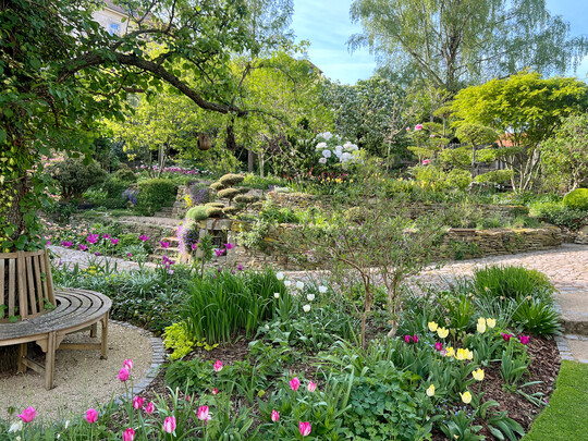 Bevor die Stauden zum Zuge kommen, erstrahlt der Garten zur Tulpenblte in leuchtenden Farben.