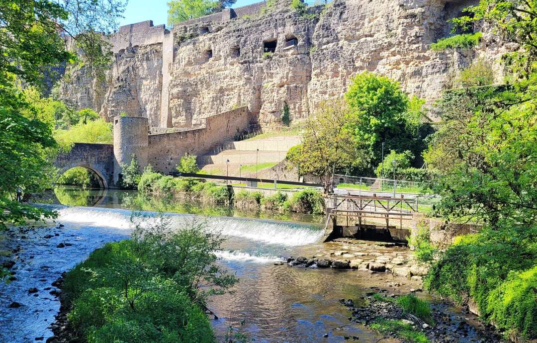 Petruss-Tal: Water Forum  das Wasser des Petruss wird durch eine Pflanzenklranlage geleitet und fliet ber eine Rampe in den Fluss zurck. Als ein Forschungsprojekt konzipiert, wird die Wasserqualitt von Wissenschaftlern der Universitt geprft. Im Hintergrund die Kasematten als in den Felswnden verlaufende Gnge, die zur Oberstadt von Luxemburg fhren.