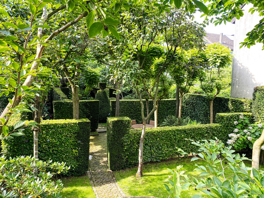 Blick in das Catalpa-Gartenzimmer: ein Sitzplatz unter dem lichten Schatten der hohen Bume