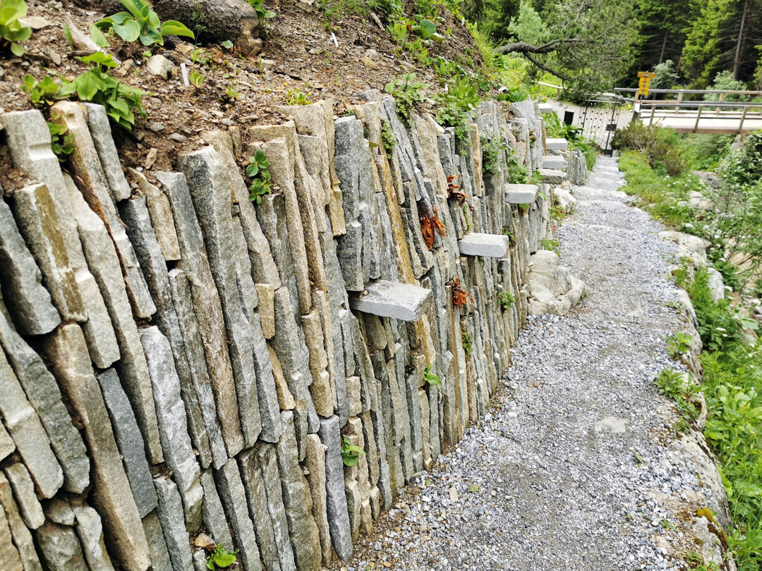Spaltenmauer im Alpinum Schatzalp mit „Griffen“ aus Steinplatten zum Festhalten