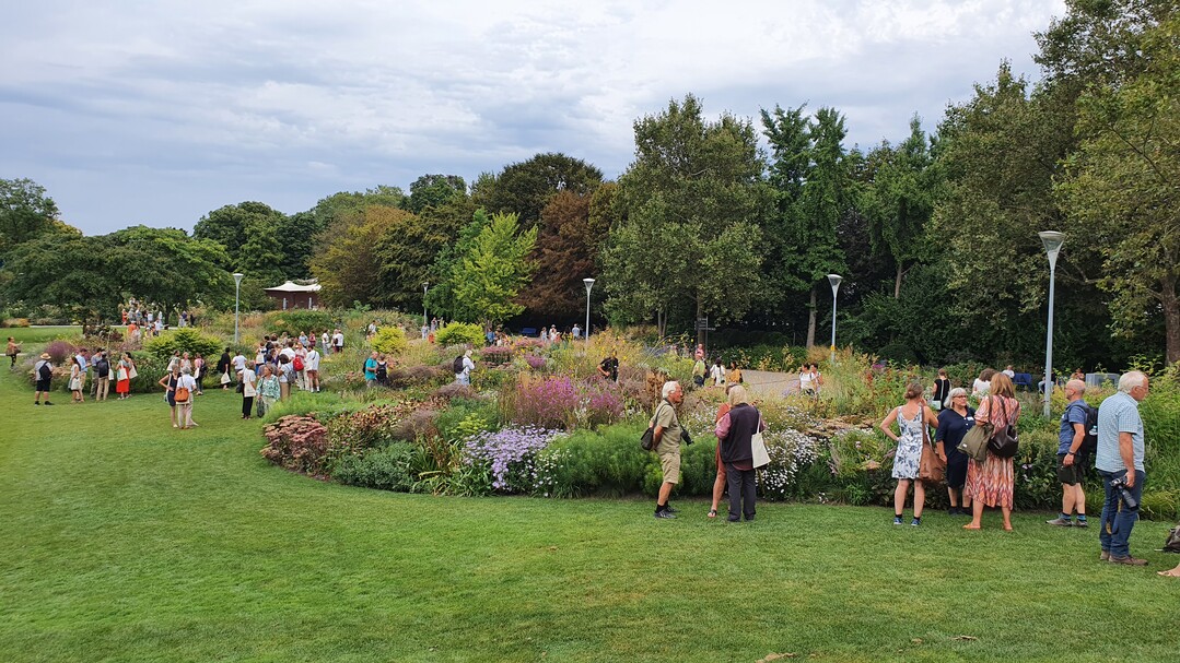 Teilnehmer im Luisenpark an den Beeten von Harald Sauer