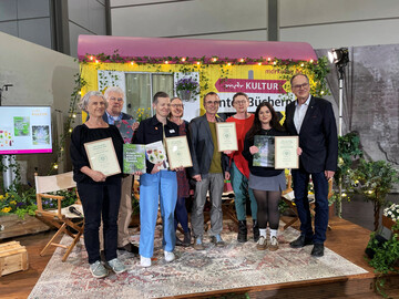 (v. l. vorn) Katja Richter („Klimaresiliente Städte“, Verlag Eugen Ulmer), Pia Werner (Leitung Presse- und Öffentlichkeitsarbeit Prestel Verlag, Penguin Random House Verlagsgruppe) und Sabrina Virone (Presse- und Öffentlichkeitsarbeit, Gerstenberg Verlag)