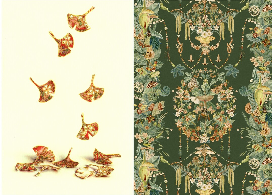 Ausstellung Randbereiche im Forum Botanische Kunst: Rechts im Bild die florale Tapete von Asuka Hishiki