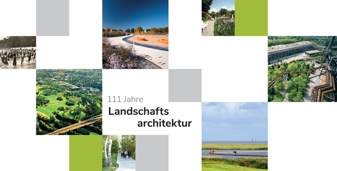 Online-Ausstellung: 111 Jahre Landschaftsarchitektur im Rückblick. V.l.n.r.: Volkspark Jungfernheide © Fotograf unbekannt, gemeinfrei; Bonn Rheinauenpark © Lauber; Westpark Augsburg © Eckhart Matthäus, www.em-foto.de; Park am Gleisdreieck © Almut Jirku; Freundschaftsinsel Potsdam © Bettina Bergande; Langwarder Groden © Markus Baritz; Landschaftspark Duisburg-Nord © Michael Latz<br>