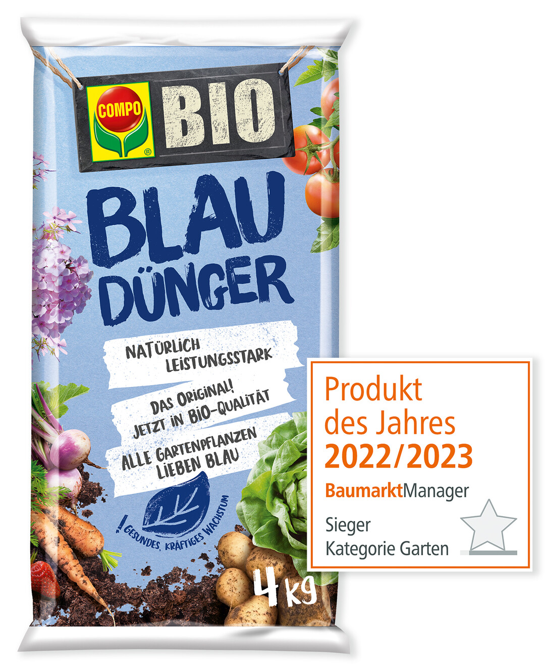 Blaudnger von Compo, ein Bio-Langzeit-Volldnger, wurde zum Produkt des Jahres 2022/2023 gekrt.