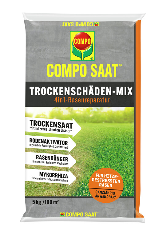 Heie, trockene Sommer oder mangelnde Bewsserung fhren zu braunem, verbranntem Rasen. Hier setzt der Compo Saat Trockenschden-Mix an: Die Grundlage fr einen schnen Rasen ist der enthaltene Bodenaktivator. Er reguliert die Feuchtigkeit im Boden und untersttzt die Keimung. Die Trockensaat selbst besteht aus besonders hitzeresistenten und wassersparenden, RSM-zertifizierten Grsern. Die enthaltenen Mykorrhiza-Pilze untersttzen eine bessere Wasser- und Nhrstoffaufnahme, der integrierte Rasendnger ein schnelles und dichtes Wachstum  fr ein schnelles Grn, das lange Freude bereitet.