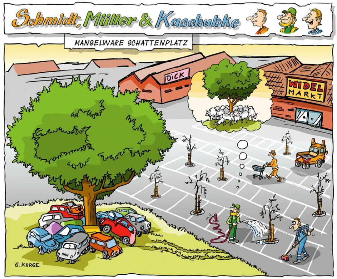 Große Parkplätze ohne oder mit kümmernder Begrünung sind eine der Hauptursachen für die Hitze in Städten. Dies hat unser Zeichner Gerd Korge treffend dargestellt.