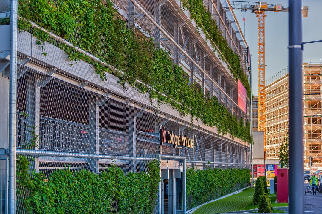 Die Fassadenbegrnung an dem Parkhaus in Kln-Mlheim im Quartier I/D Cologne